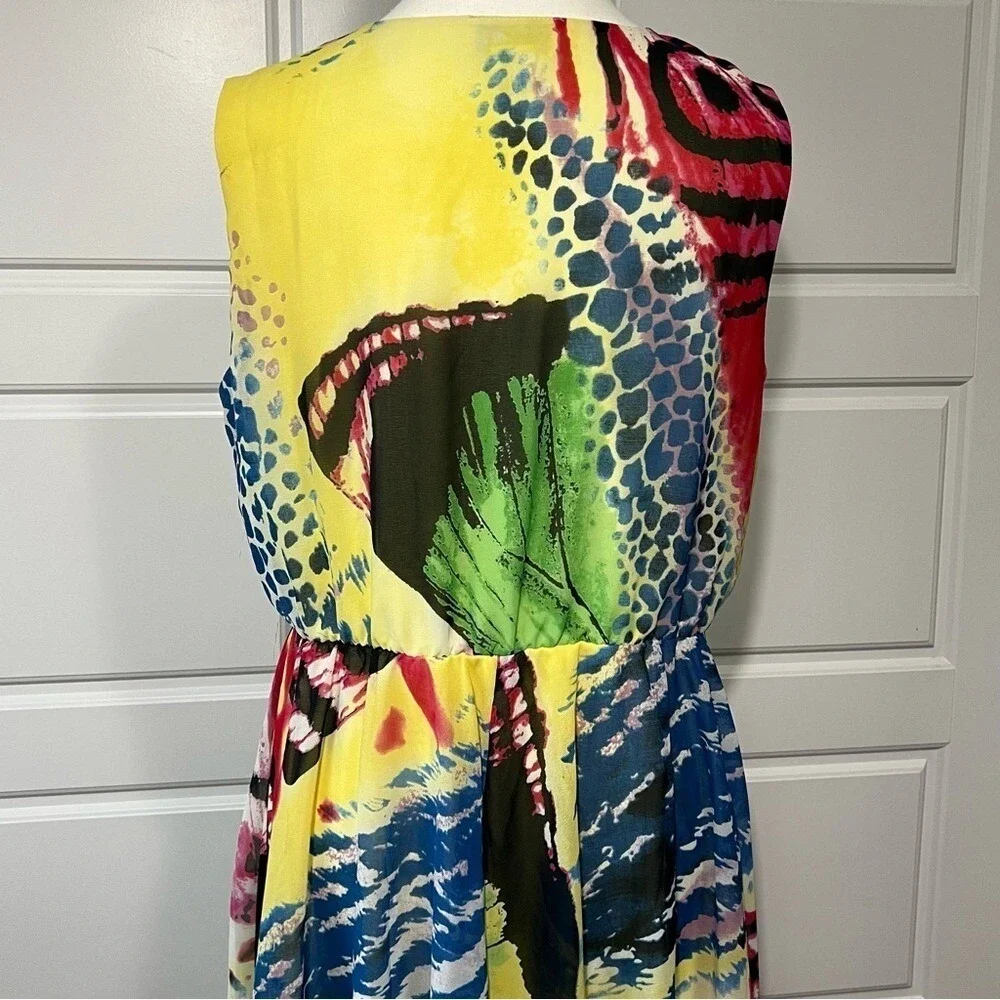 EY Signature Abstract Print Maxi Dress Colorful Sleeveless V Neck Flowy Size LG‎